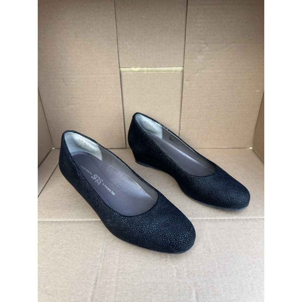 SAS Sofia Wedge Pump Made In Italy Speckled Textured Black Leather Women's 6.5M